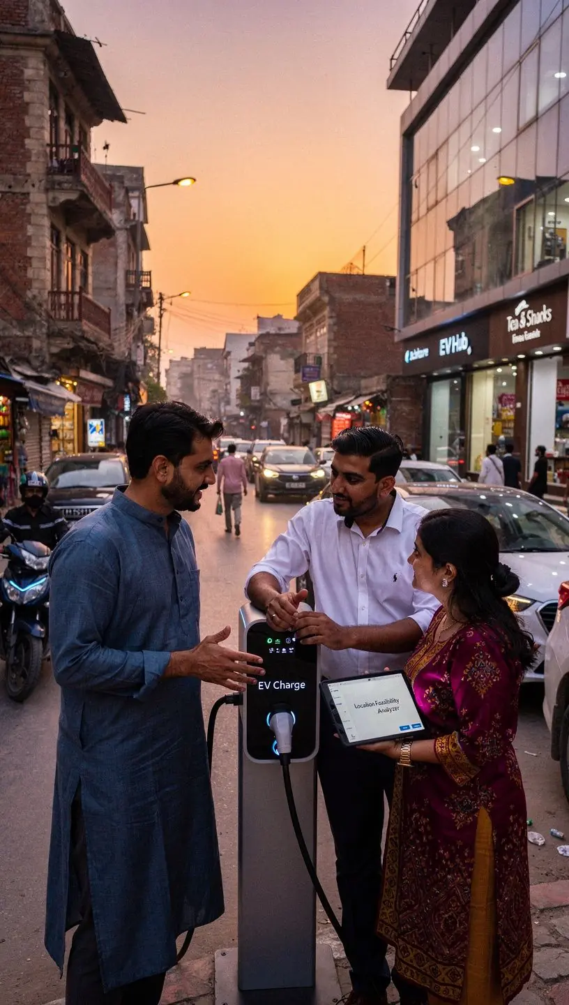 چارجنگ اسٹیشن کے سامنے کھڑی ایک بجلی کی گاڑی، جو چارجنگ میں ہے۔