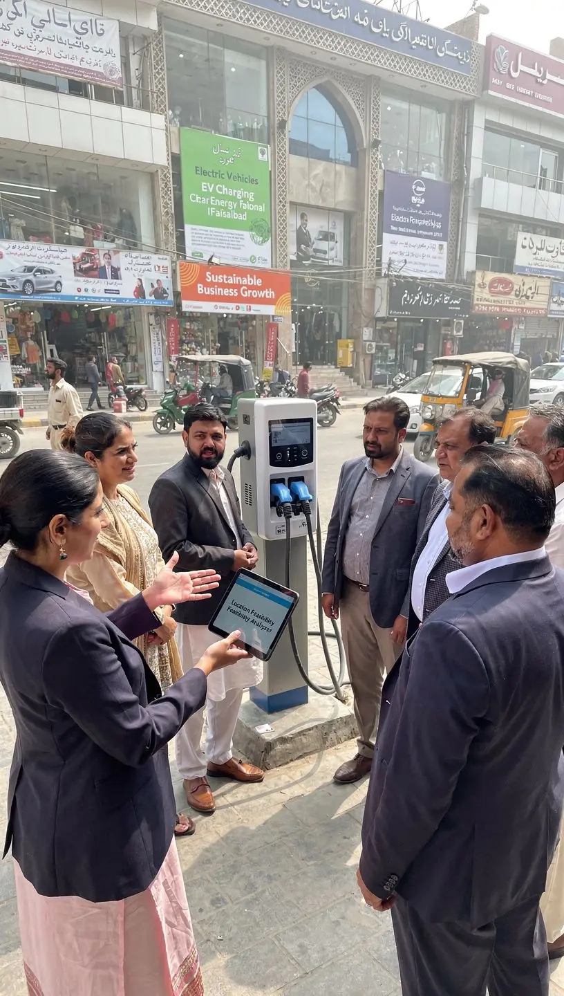 بجلی کی گاڑی کے چارجنگ اسٹیشن کی تصویر، جس میں جدید ٹیکنالوجی دکھائی گئی ہے۔